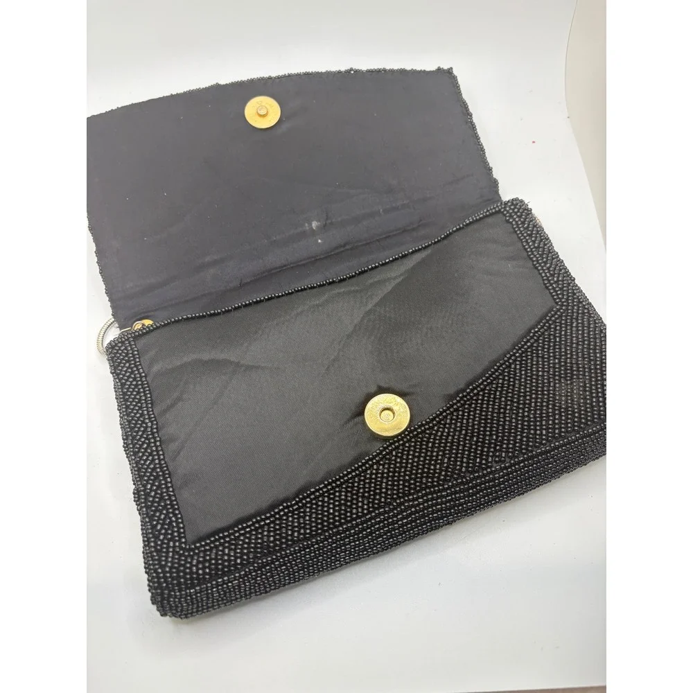 Black Beaded Clutch Evening Bag Silver Chain‎ Strap Formal Party Purse